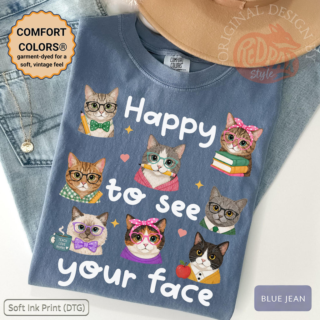 Happy See Face Cat Teacher Cat Lover Teacher Tee Classroom Ca Comfort Colors Back School Tee