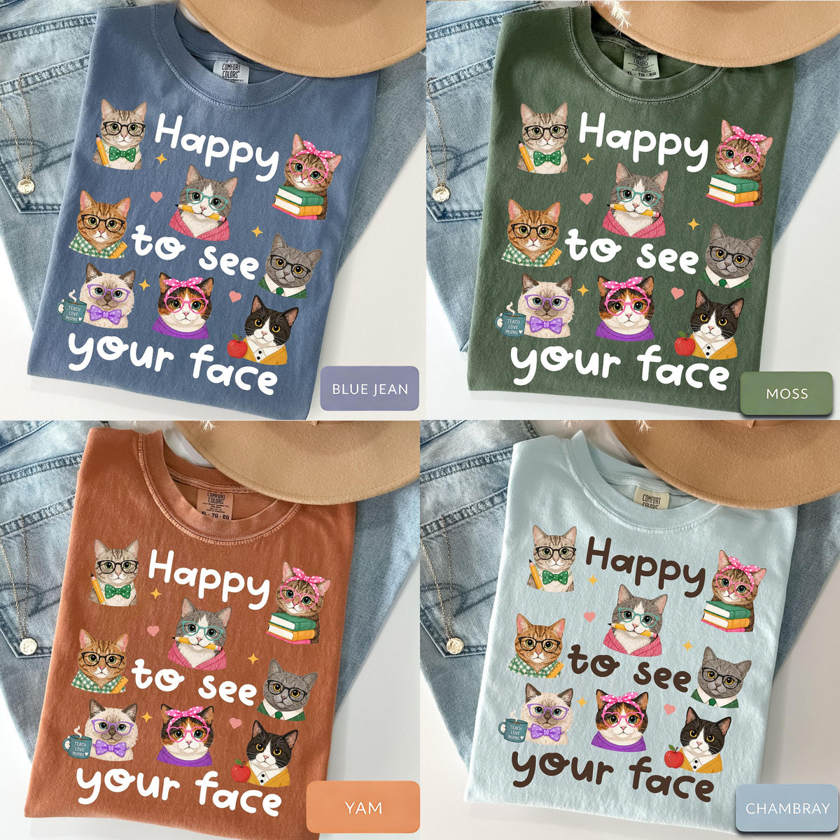 Happy See Face Cat Teacher Cat Lover Teacher Tee Classroom Ca Comfort Colors Back School Tee