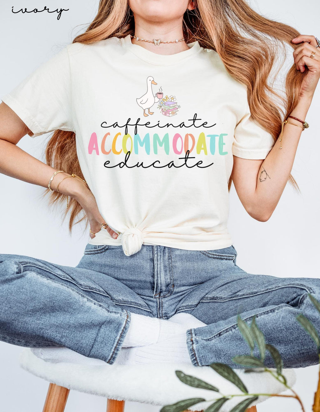 Comfort Colors Teacher Caffeinate Accommodate Educate Education Silly Goose Tee Back School Teacher