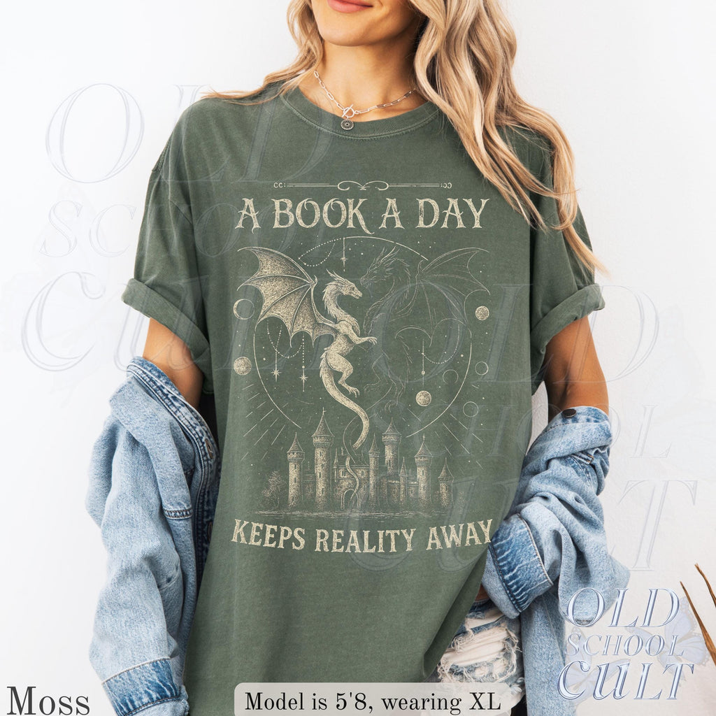 Book Day Keeps Reality Away Dragon Fantasy Comfort Colors Gothic Grunge Castle Reader