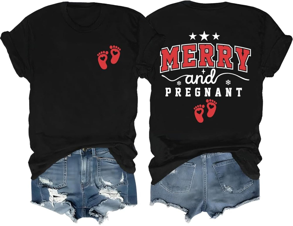 Merry and Pregnant Women's Shirt V Neck Pregnancy Christmas T-Shirt Pregnancy Announcement Shirts