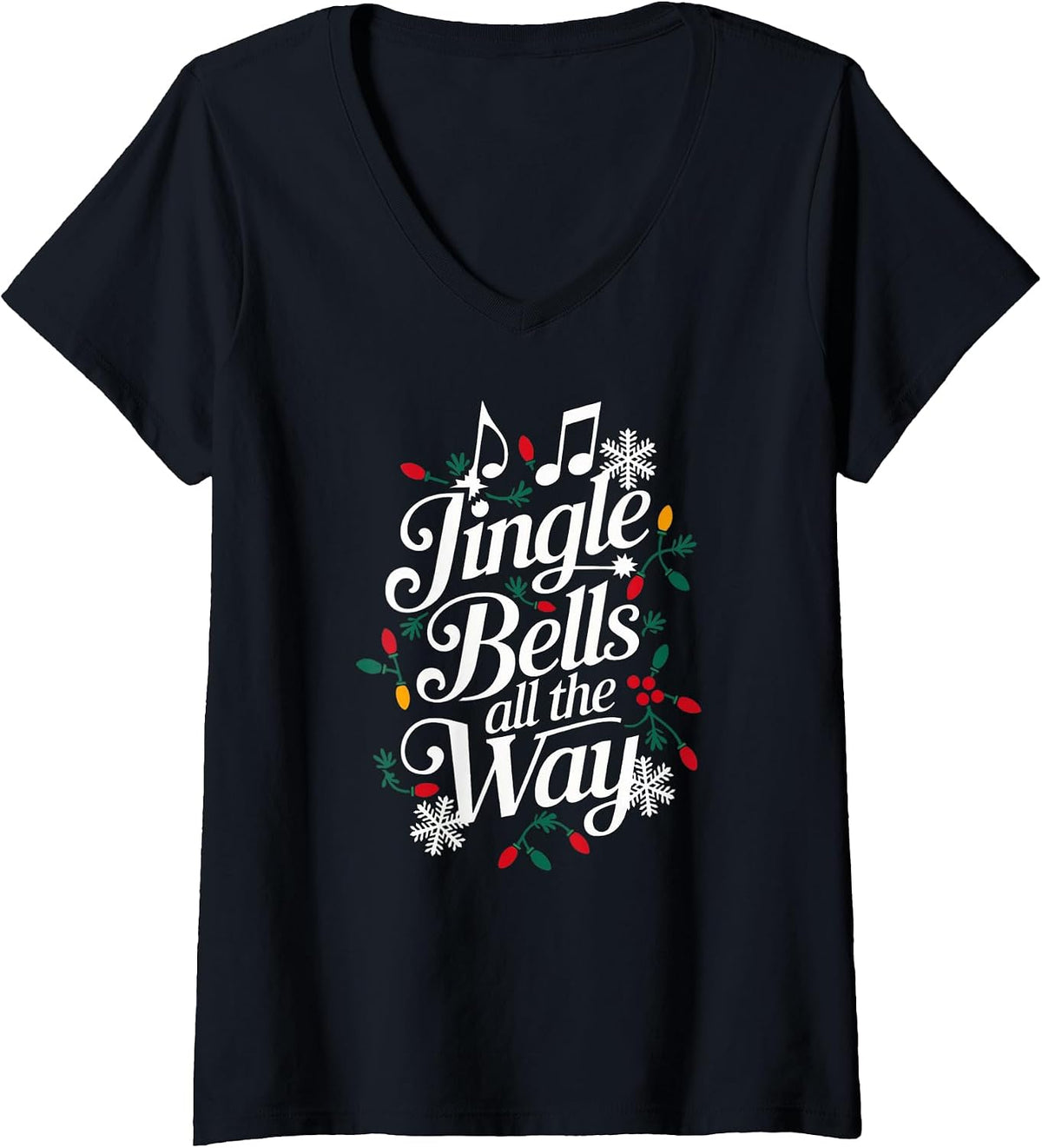 Womens Fun Jingle Bells All The Way Festive Christmas Graphic V-Neck T-Shirt