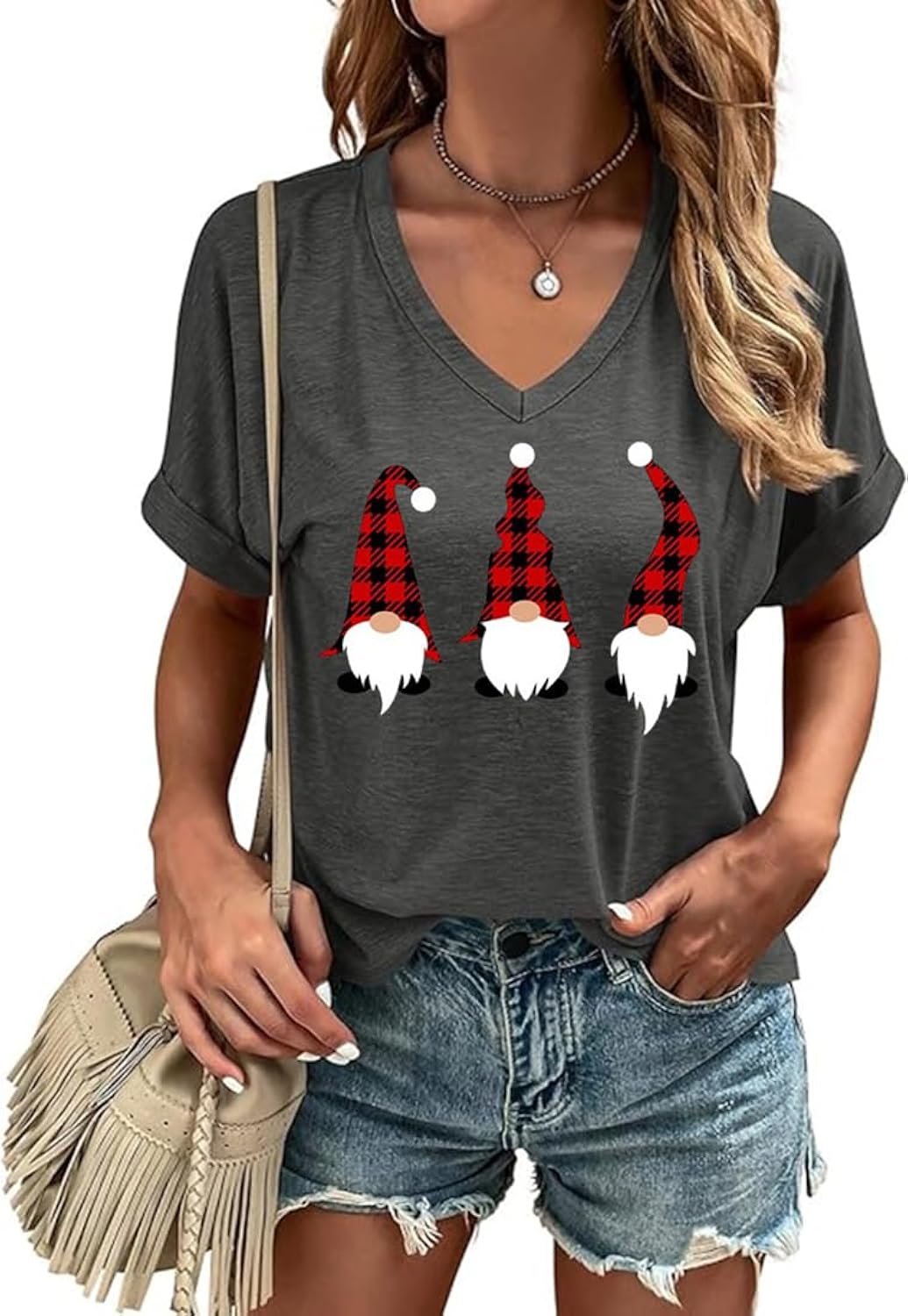 Womens Christmas Graphic V-Neck Shirt Xmas Party Short Sleeve Tee