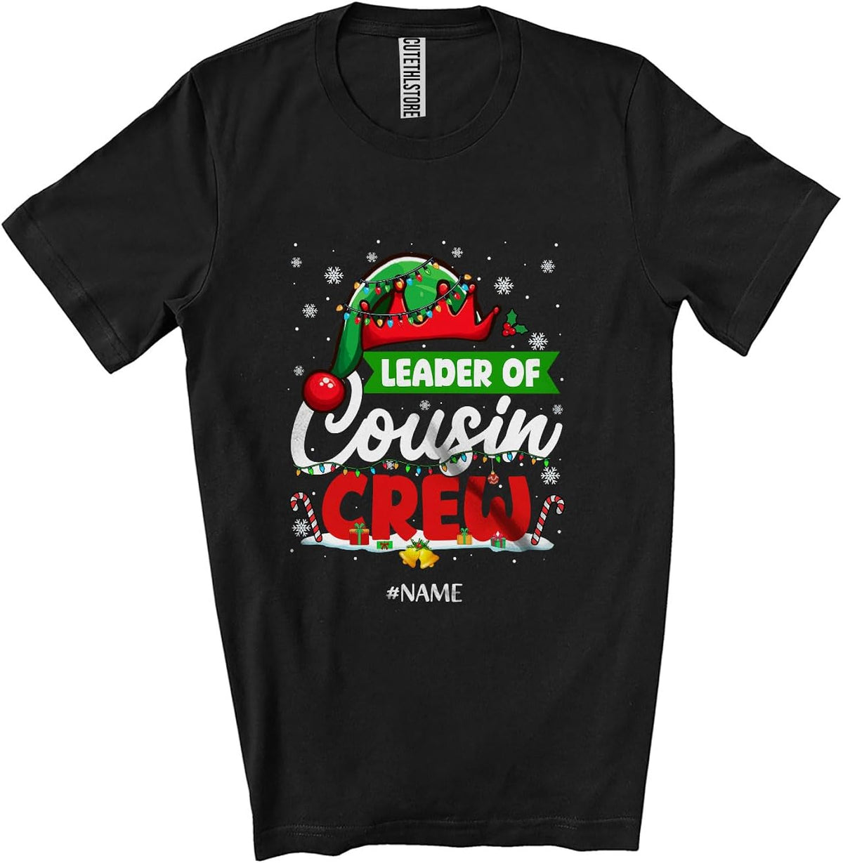Personalized Custom Name Leader of Cousin Crew; Merry Christmas Lights Elf; Family Unisex T-Shirt Black