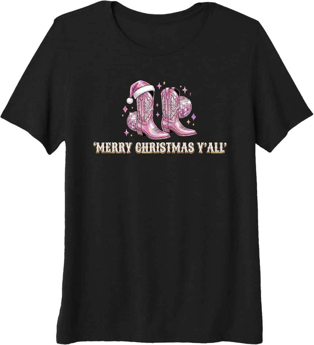 Womens Merry Christmas Yall Pink Cowgirl Boots Disco Western Premium Tri-Blend T-Shirt