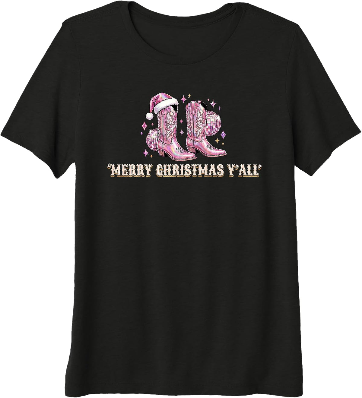 Womens Merry Christmas Yall Pink Cowgirl Boots Disco Western Premium Tri-Blend T-Shirt
