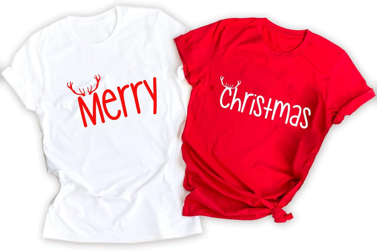 Merry Christmas Funny Couples Matching T-Shirt, Men's & Women's Red Crew Neck Short Sleeve T-Shirt, Medium