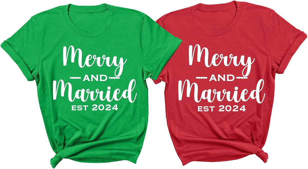 Merry & Married Christmas Couple Matching Shirts, Newlywed Xmas Mr & Mrs T-Shirts