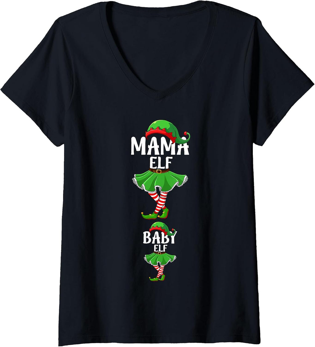 Womens Mama Elf Christmas Pregnancy Announcement Pregnant Elf Xmas V-Neck T-Shirt