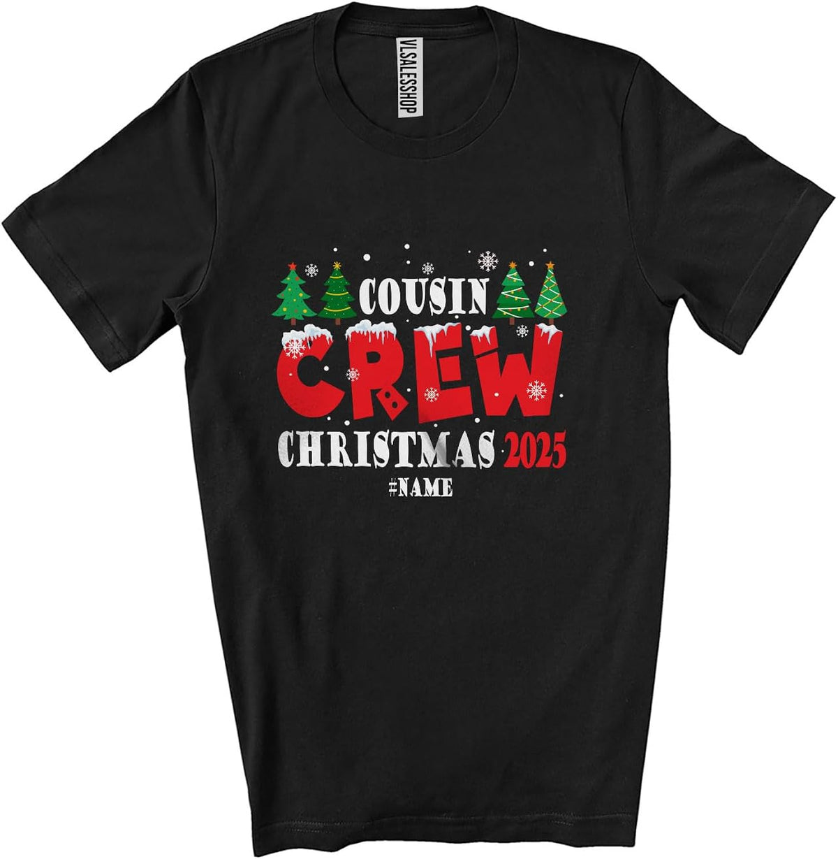 Personalized Custom Name Cousin Crew Christmas 2025; Awesome X-mas Lights Tree Family Group Unisex T-Shirt Black