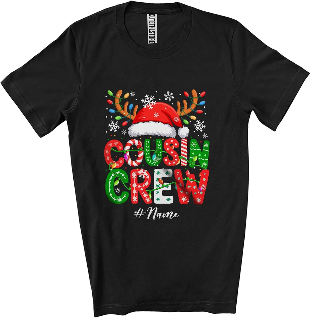 Personalized Custom Name Cousin Crew; Lovely Christmas Lights Santa Reindeer; Family Group Unisex T-Shirt Black
