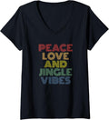Women's Peace Love and Jingle Vibes Retro Christmas Holiday V-Neck T-Shirt