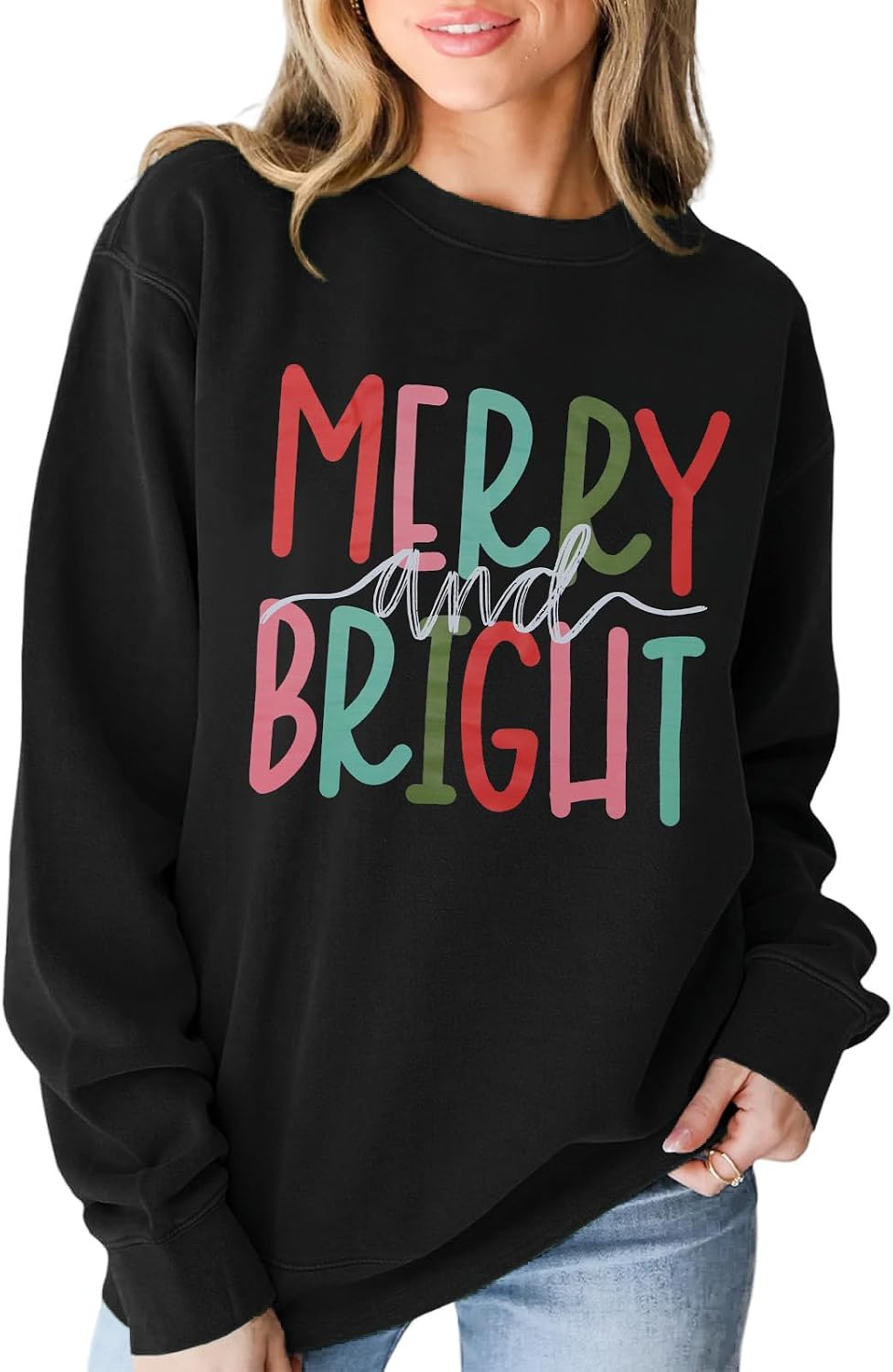 Women's Merry and Bright Sweatshirt Long Sleeve Merry Christmas Sweatshirt Retro Letter Printed Xmas Gifts Top