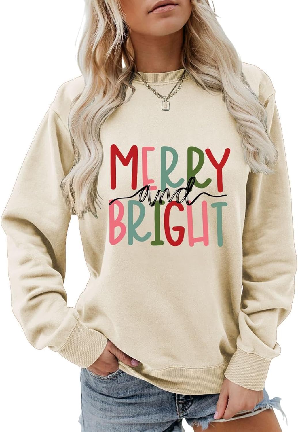 Merry And Bright Sweatshirt Merry Christmas Sweater Women Xmas Holiday Colorful Letter Printed Crewneck Pullover