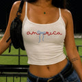 Embroidered America Tank Top with Blue Bow, Patriotic 1776 Ribbed Embroidered Spaghetti Strap Tank Top