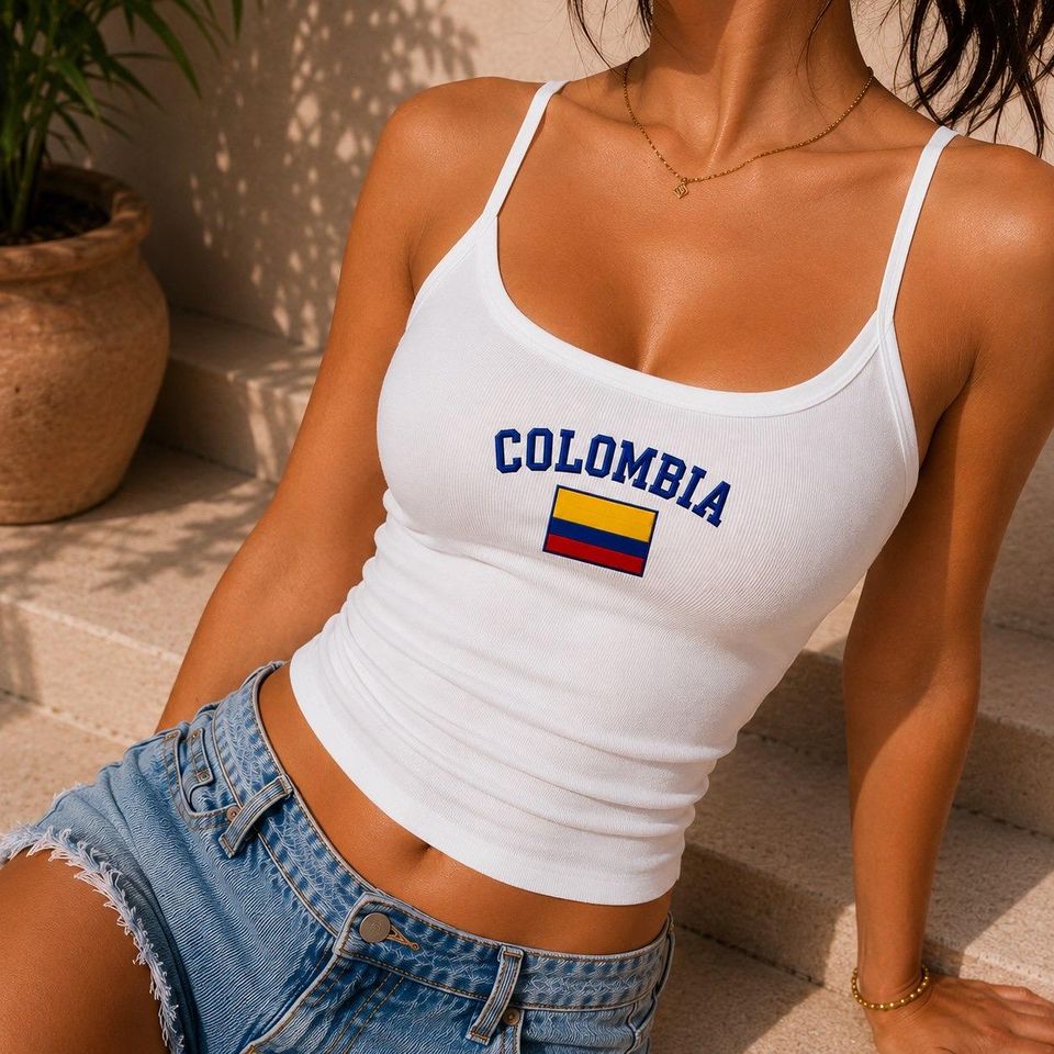 Colombia Flag Embroidered Spaghetti Strap Tank Top, Soccer Game Day Outfit