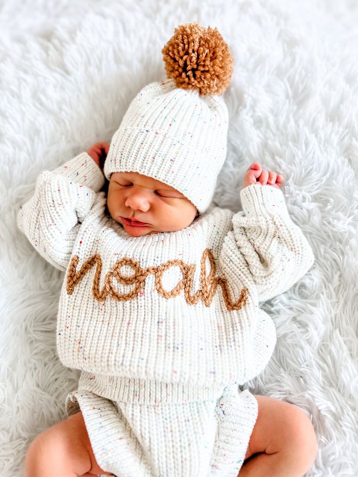 Birth Announcement Set - Cupcake, Custom Name Baby Sweater & Shorts, Personalized Birth Announcement, Hand Embroidered Sweater