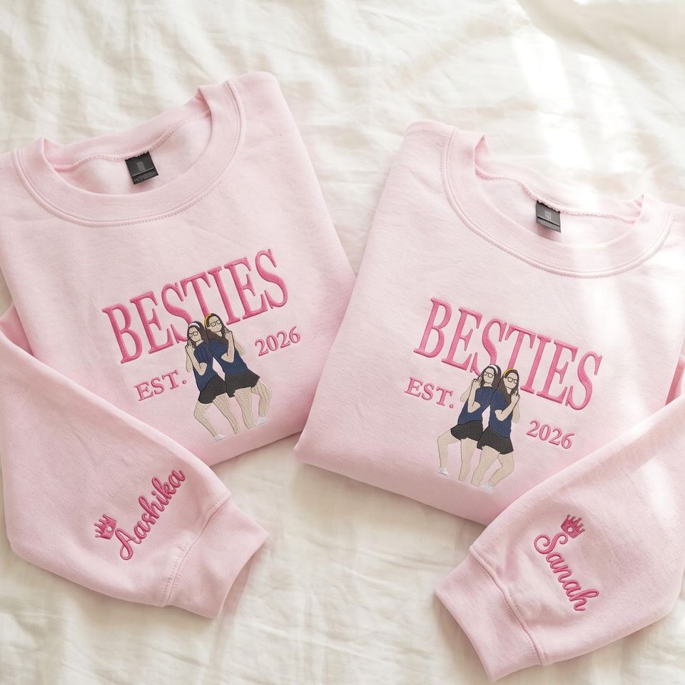 Personalized Best Friend Sweatshirt, Custom Embroidered Besties Portrait Crewneck, BFF Birthday Gift for Her