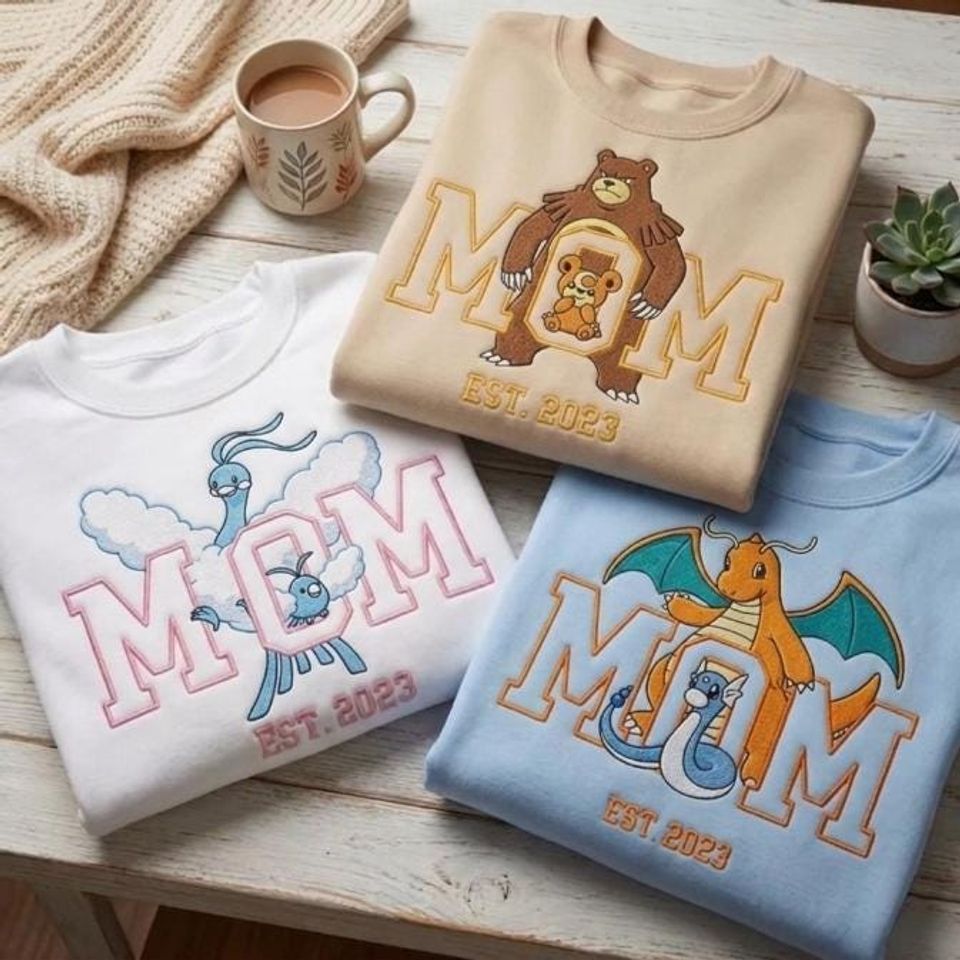 Custom PokaMom Embroidered Shirt,Personalized Anime Characters Sweatshirt,Anime Mother's Day Gift,Birthday Gift For Mom, Pocket Beast Hoodie