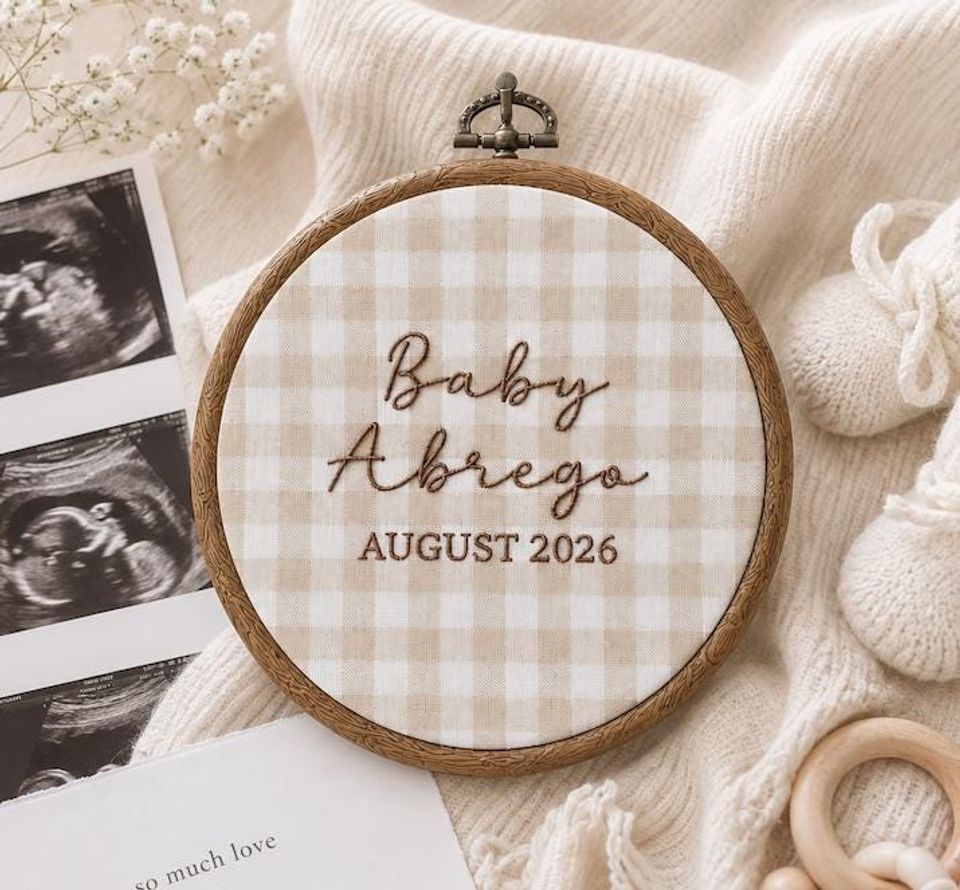 Baby Announcement Embroidery Hoop, Personalized Pregnancy Reveal, Custom Baby Due Date Sign, Neutral Nursery Decor, Baby Shower Gift