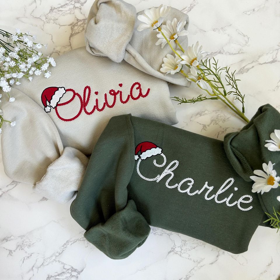 Embroidered Personalized Christmas Sweatshirt, Embroidered Christmas Custom Name Crewneck Sweater, Custom Xmas Gift, Custom Family Sweaters