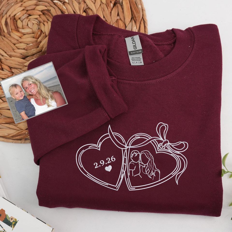 Custom Photo Embroidered Sweatshirt, Couple Portrait Crewneck, Personalized Family Shirt, Anniversary Gift, Heart Locket Design