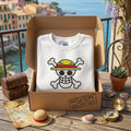 Embroidered Straw Hat Pirate Sweatshirt, Anime Skull Crossbones Pullover, Retro Nautical Crewneck Sweater, Custom Japanese Anime Merch Gift