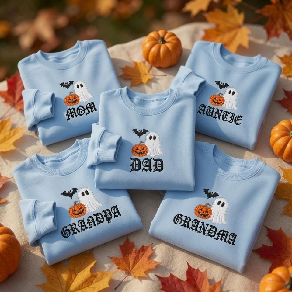 Custom Family Ghost Pumpkin Embroidered Sweatshirt, Personalized Spooky Season Halloween Crewneck, Matching Family Group Fall Pullover Top