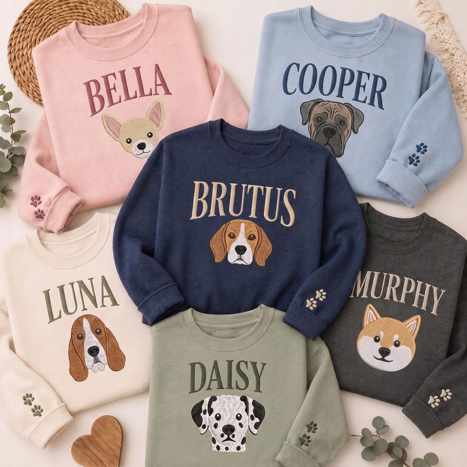 Custom Pet Portrait Embroidered Sweatshirt, Personalized Pet Name Shirt, Custom Face Crewneck, Dog Lover Hoodie, Dog Mom Gift for Women
