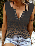 Leopard Print Sleeveless V-Neck Henley Button Tank Top