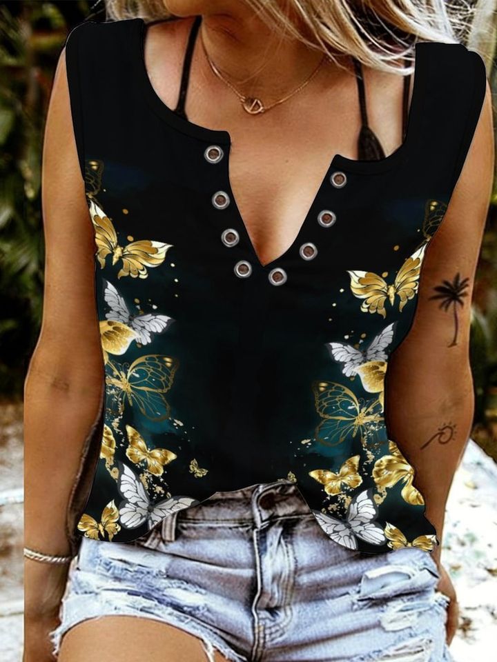 Women's Sleeveless V-Neck Tank Top with Metallic Neck Decoration, Basic Summer Top for Vacation