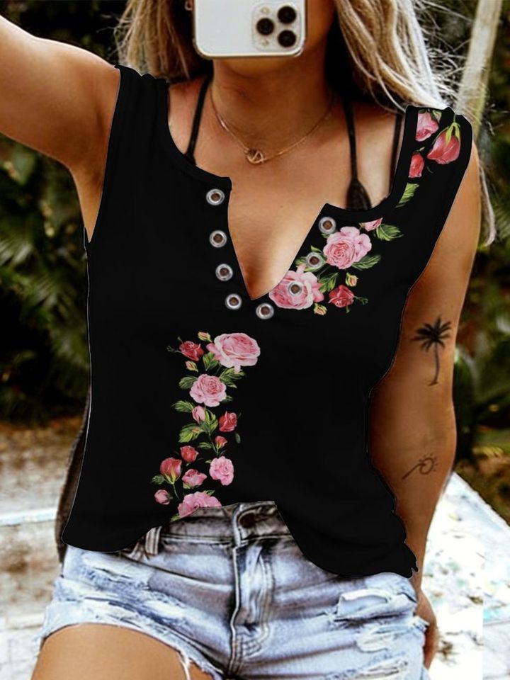 Women's Sleeveless V-Neck Printed Casual Vacation Tank Top