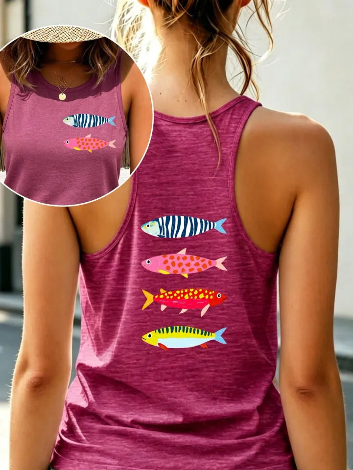 White Tank Top Double Sided Colorful Fish Print Crew Tank Tops