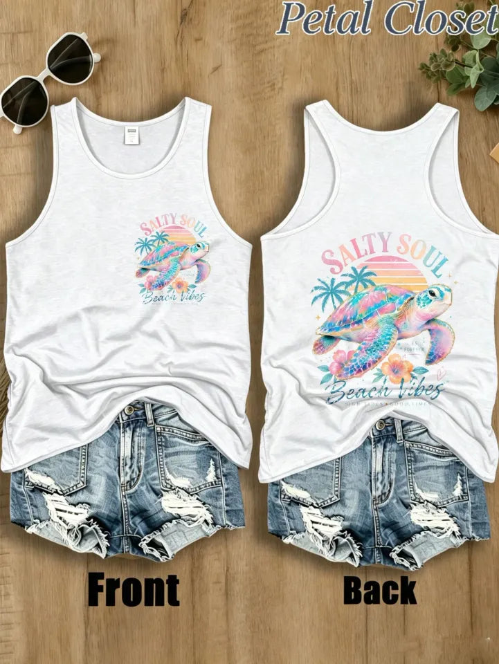 Tank Top, Salty Soul Beach Vibes Sea Turtle Double Side Graphic Tee