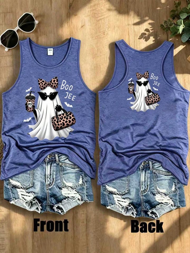 Boo Jee Leopard Bow Ghost Double Sided Print Graphic Tank