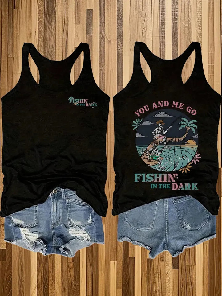 Double Sided Printed Vest Fun Fishing!Skull Beach "FISHIN' IN THE DARK" Printed Tank Top