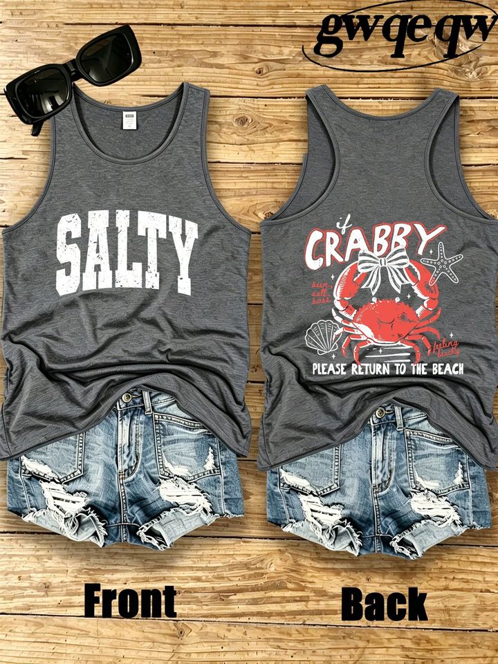 Double-Sided Salty & If Crabby Please Return To The Beach Print Casual Tank Top