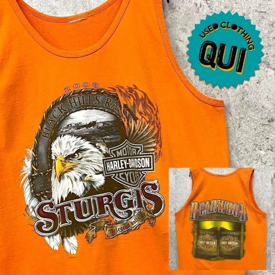 H davidson Vintage 2000s Orange Double-Sided Print Tank Top L Men's