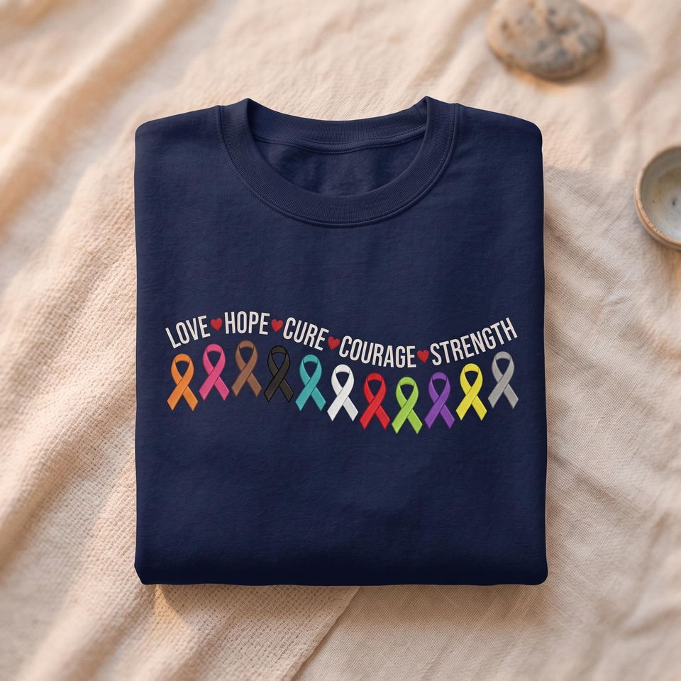 Cancer Ribbon Embroidered Sweatshirt, Love Hope Cure Courage Strength Crewneck, Cancer Survivor Support Gift