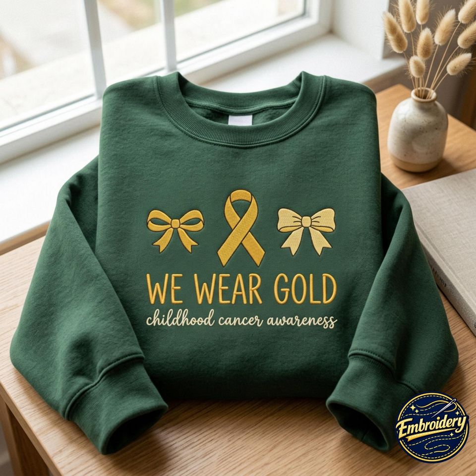 Embroidered We Wear Gold Sweatshirt, Childhood Cancer Awareness Ribbon Apparel