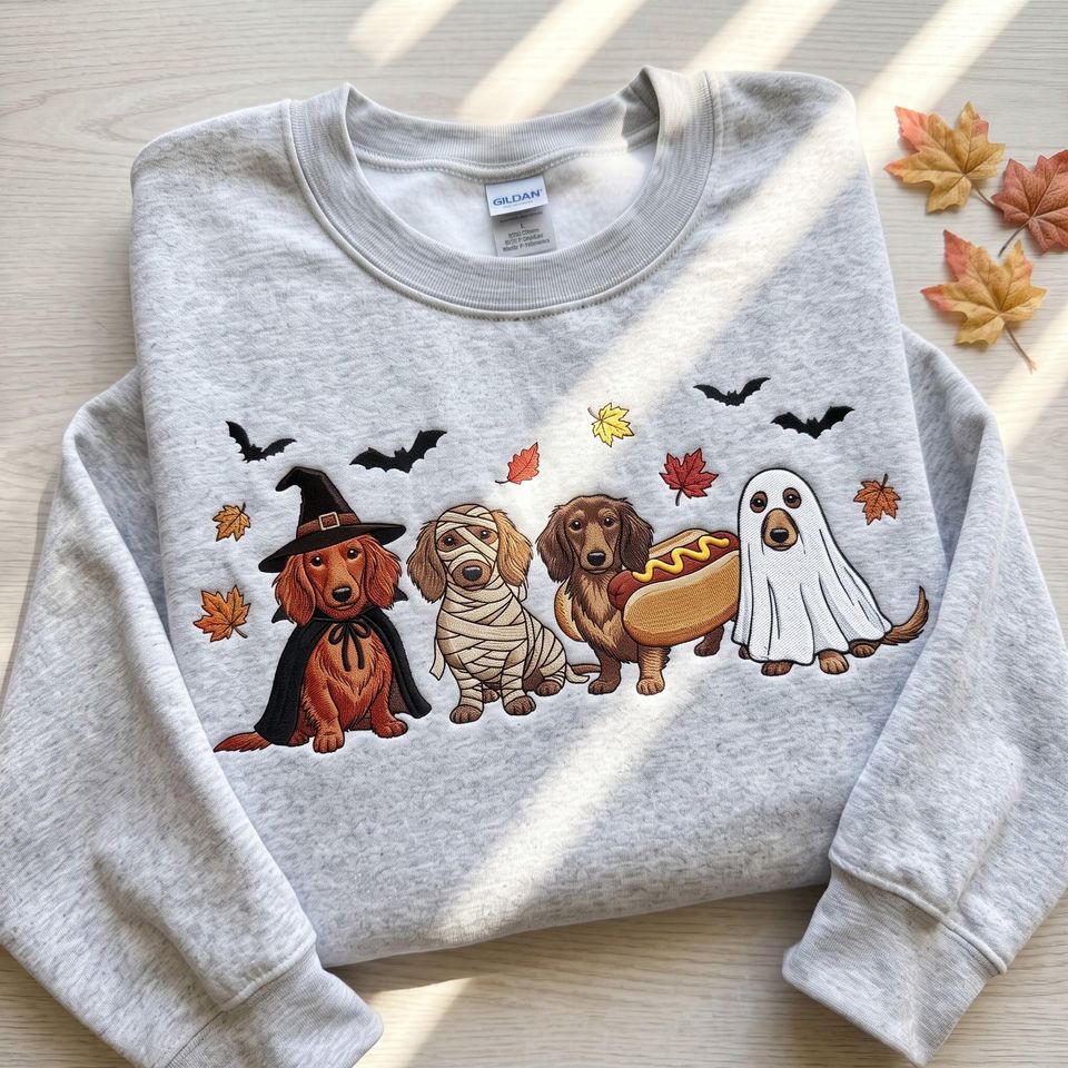 Embroidered Dog Pumpkin Autumn Sweatshirt, Cozy Fall Dachshund Crewneck, Spooky Season Dog Lover Sweater