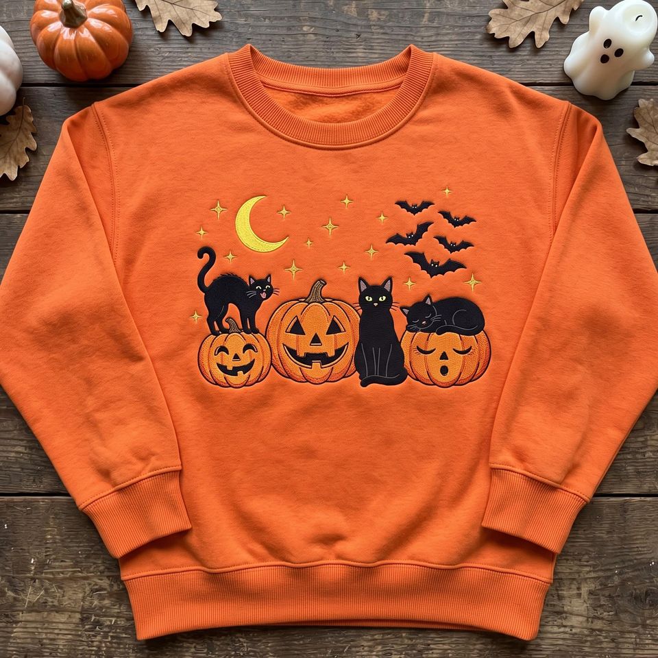 Embroidered Black Cat Pumpkin Bat Sweatshirt, Cozy Fall Autumn Crewneck, Spooky Season Cat Lover Sweater