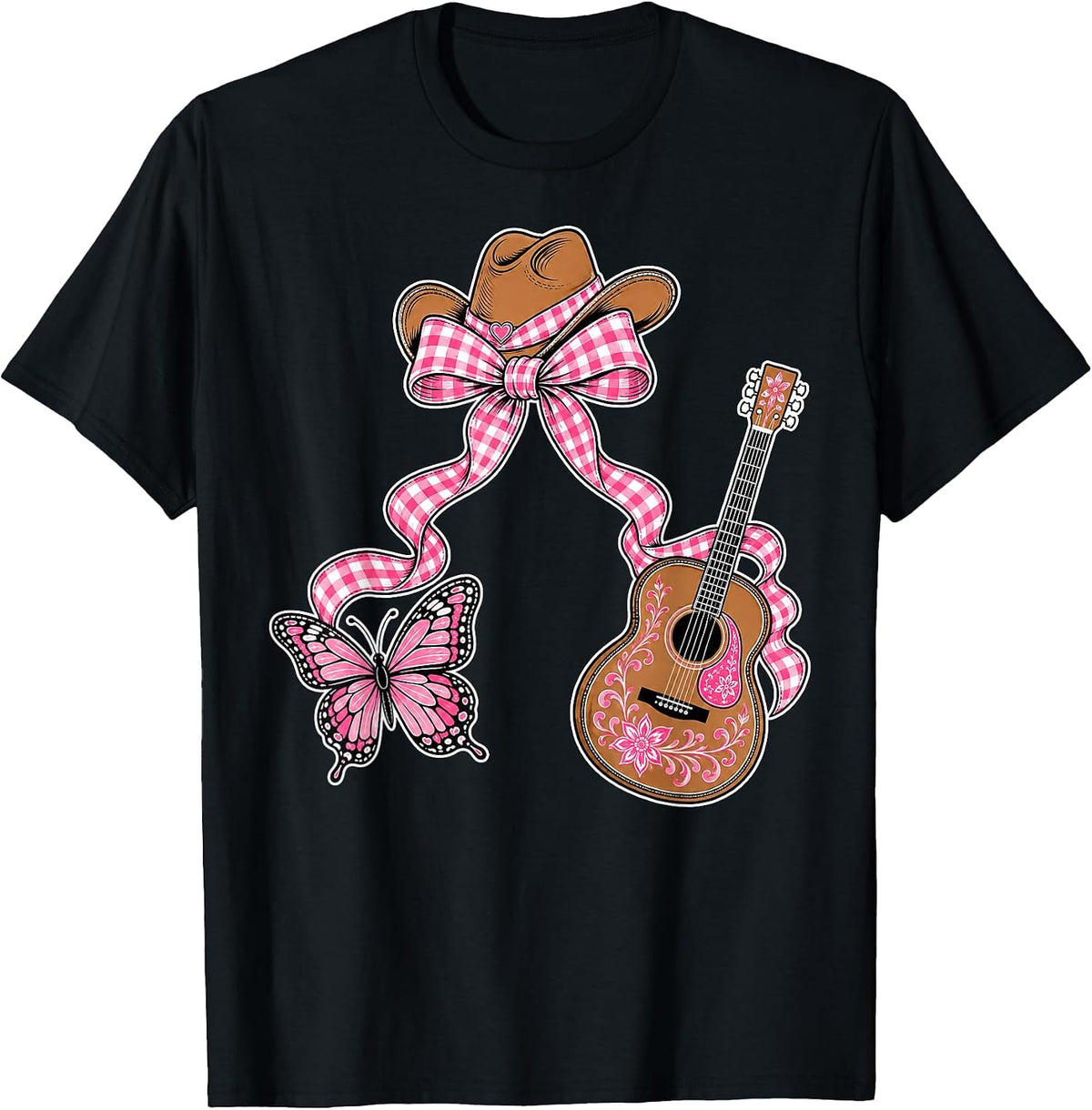 Country Girls Butterfly Guitar Cowgirl Bow Pink Western Cute T-Shirt