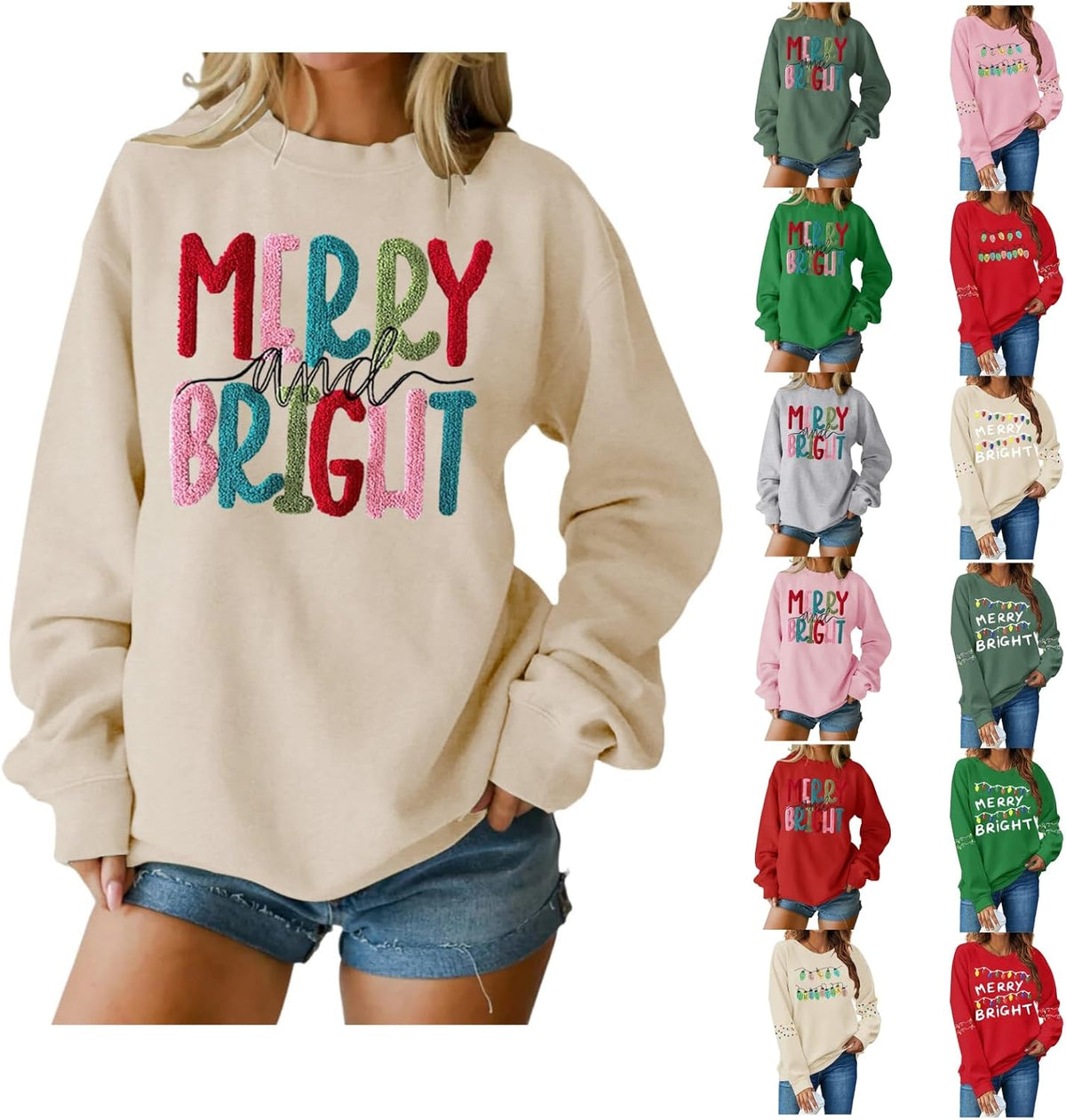 Christmas Sweatshirts for Women Merry And Bright Christmas Pullover Sweatshirt Letter Printed Xmas Gifts Holiday Top