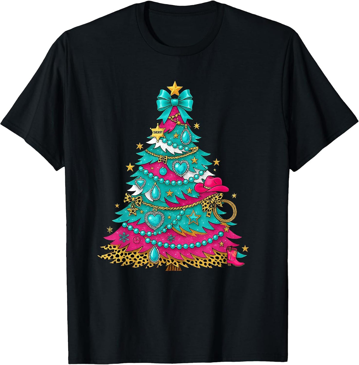 Cowgirl Christmas Tree Turquoise Pink Western Holiday Design T-Shirt