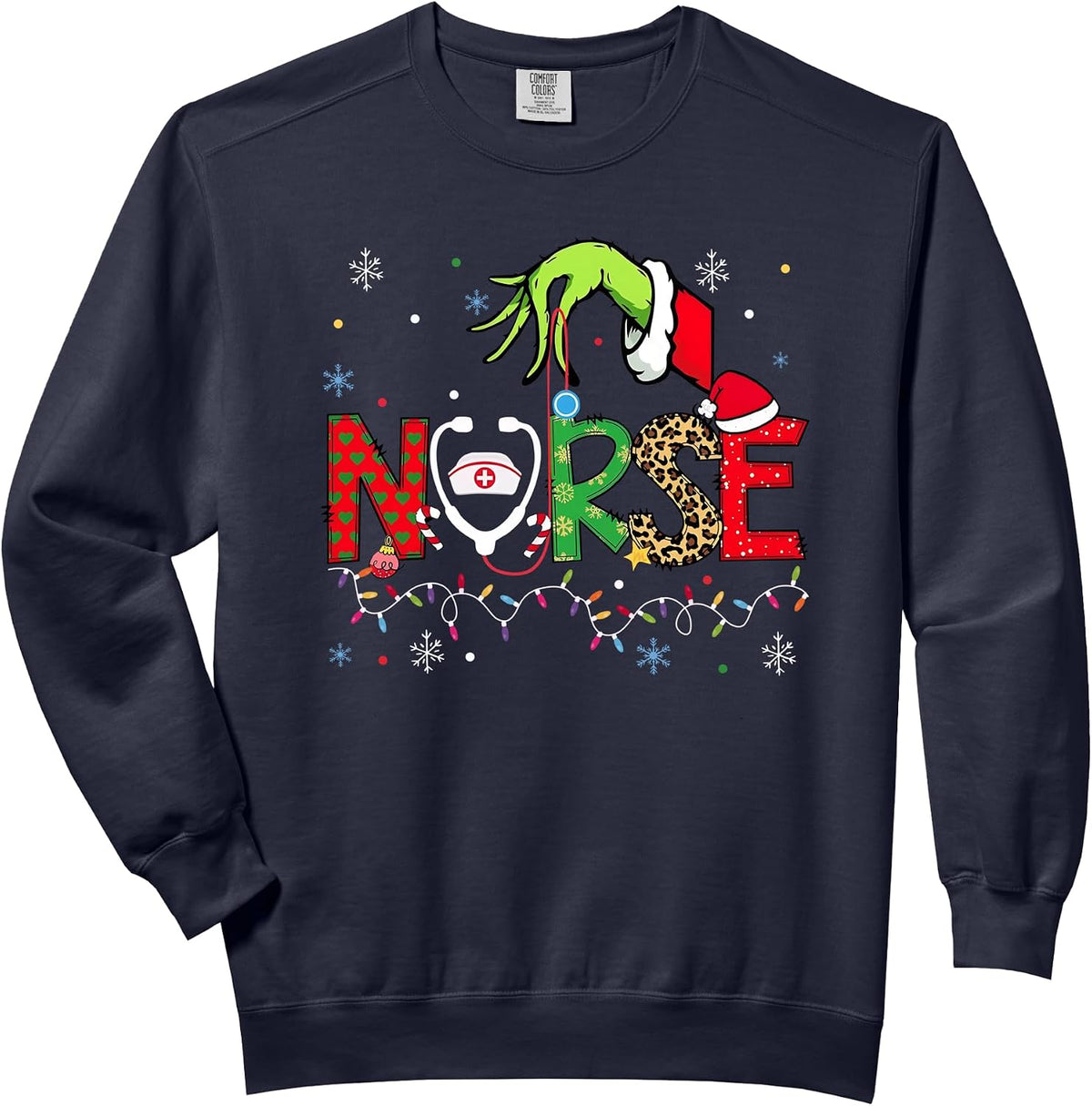 Stethoscope Nurse Merry Christmas Xmas Lights Holiday Snow Comfort Colors Adult Sweatshirt