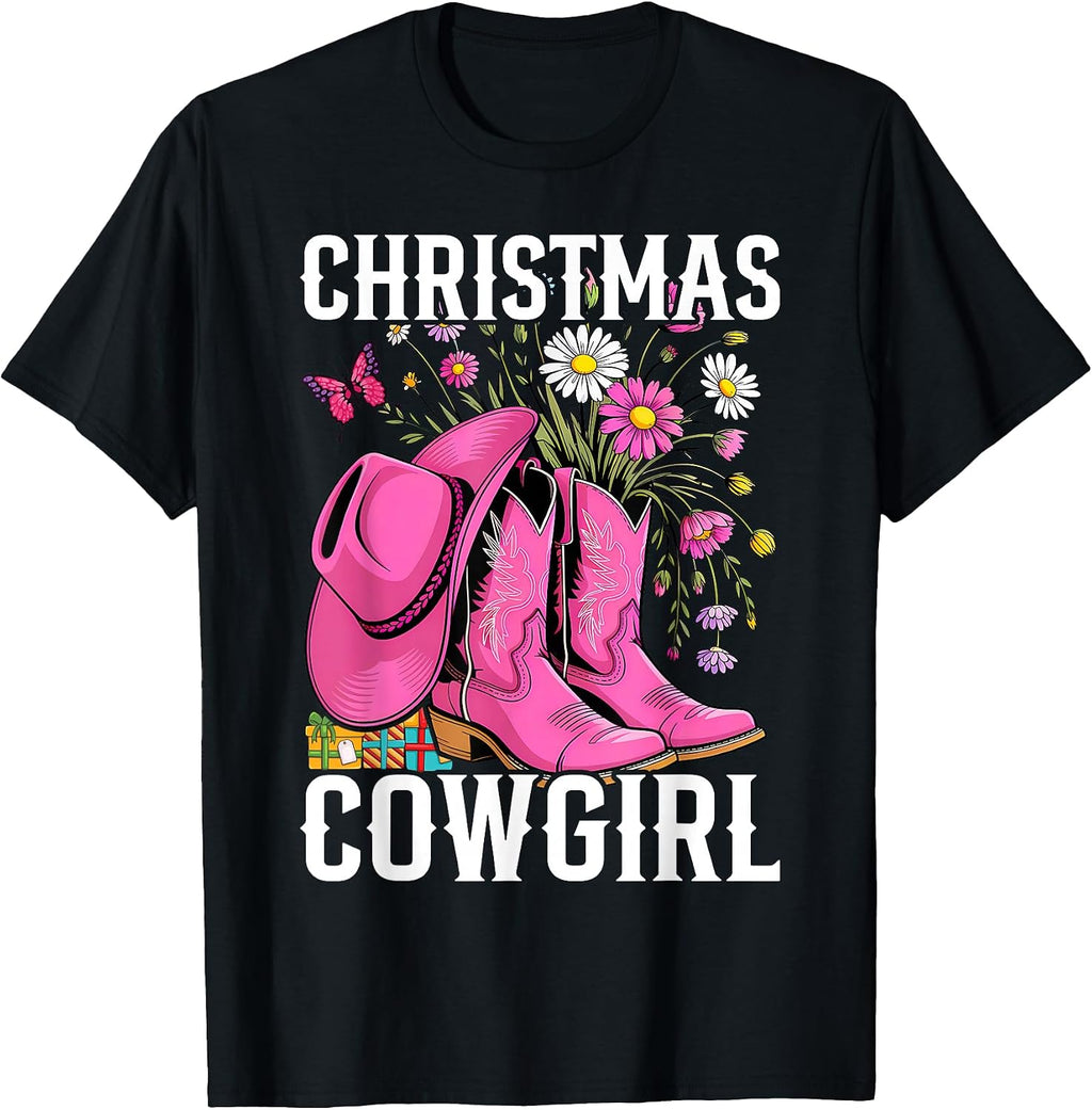 Christmas Cowgirl Cactus Boots Xmas Lights Cowboy Western T-Shirt