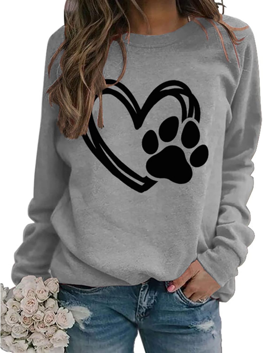 Womens Dog Mama Sweatshirts Dog Paw Print Love Heart Graphics Long Sleeve Crewneck Pullover Casual T-Shirts
