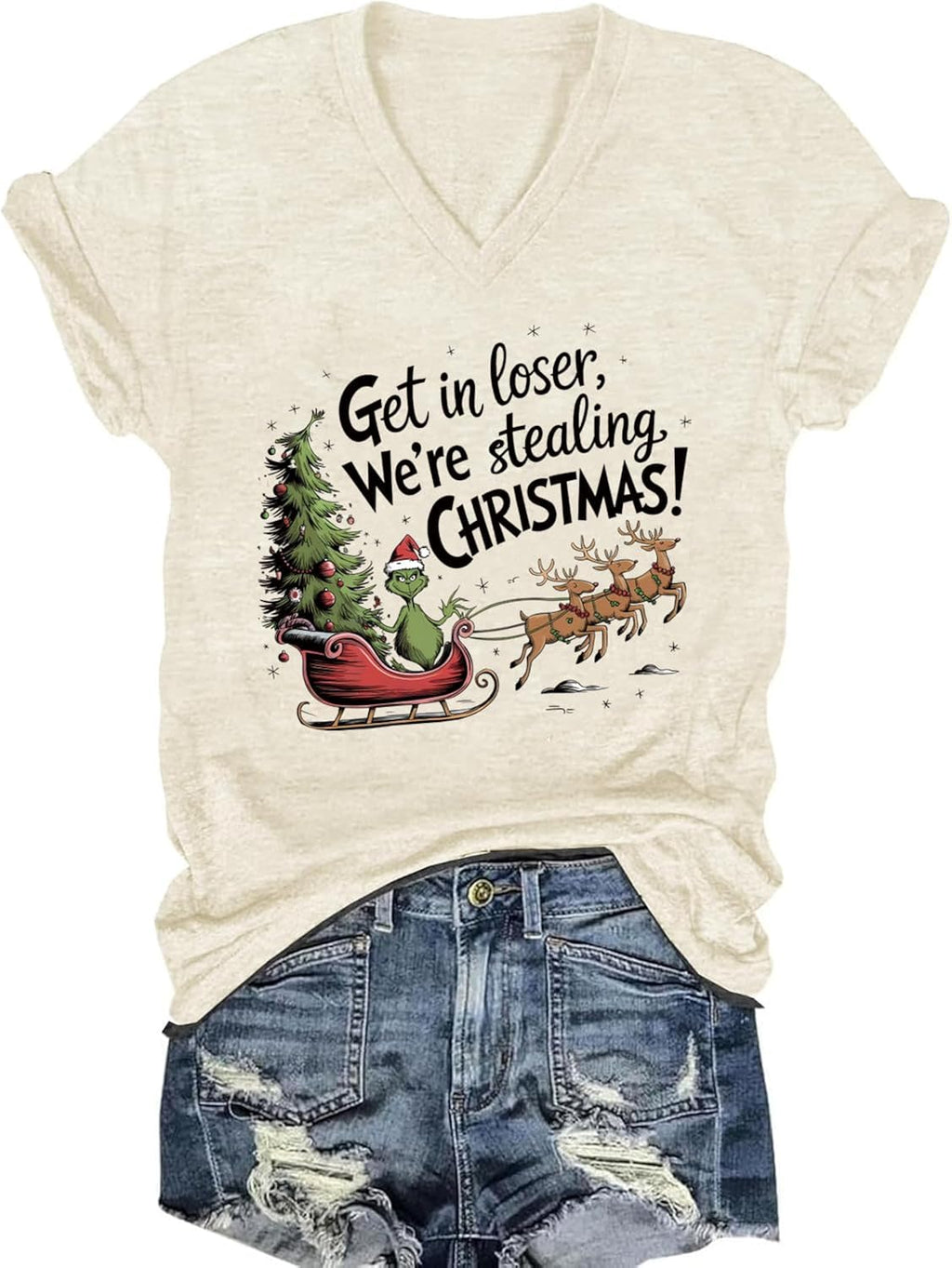 Womens V Neck Christmas Shirt Merry Christmas Graphic Tees Funny Holiday Xmas T-Shirts Winter Gift Tops