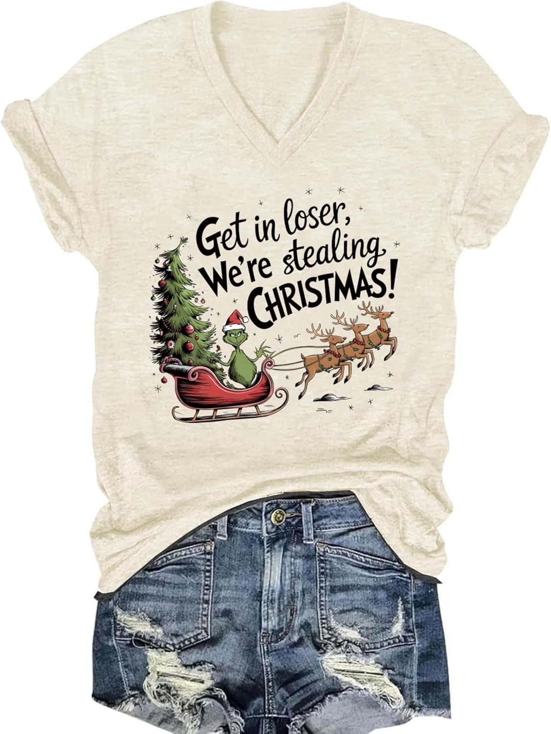 Womens V Neck Christmas Shirt Merry Christmas Graphic Tees Funny Holiday Xmas T-Shirts Winter Gift Tops